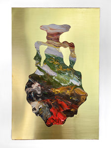 • ORIGINAL OIL PAINTING • 'Contained' Series 1, Vessel #9 [ Brass, Landscape, Vase, Abstract, Colourful Art ]