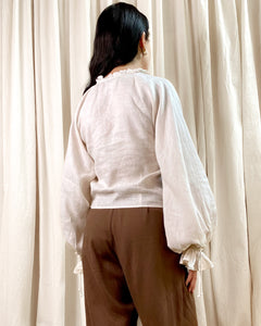 • REIMAGINED • Kinga Csilla Linen Tie Top [ Natural, Cream, Long Gathered Sleeves, Cropped,  Size 10 ]