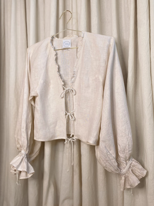 • REIMAGINED • Kinga Csilla Linen Tie Top [ Natural, Cream, Long Gathered Sleeves, Cropped,  Size 10 ]
