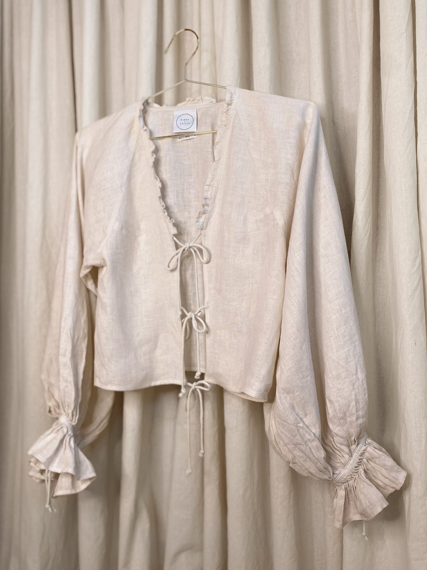 • REIMAGINED • Kinga Csilla Linen Tie Top [ Natural, Cream, Long Gathered Sleeves, Cropped,  Size 10 ]