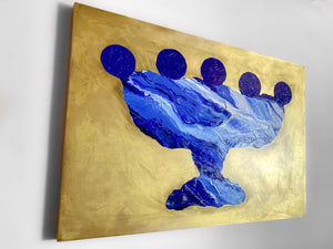 • ORIGINAL OIL PAINTING • 'Contained' Series 2, Vessel #8 [ Brass, Landscape, Vase, Abstract, Colourful Art, Blue ]