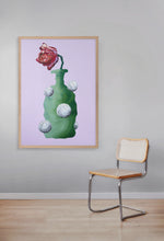 LIMITED EDITION PRINT 'Tulip, Bottle'. 10% DONATED [ Green Vase, White Balls, Red Flower, Purple Background ]