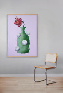 LIMITED EDITION PRINT 'Tulip, Bottle'. 10% DONATED [ Green Vase, White Balls, Red Flower, Purple Background ]