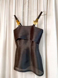 • PRE-LOVED • Linen / Silk Organza Tank Top + Matching Neck Tie [ Black Sheer, Brass Crosses, Size Extra Small ]