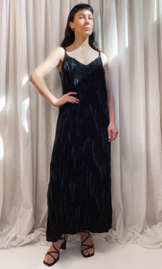 • PRE-LOVED • Handmade Velvet Maxi Slip Dress [ Black Crinkle, Split, V neck, Size Small ]