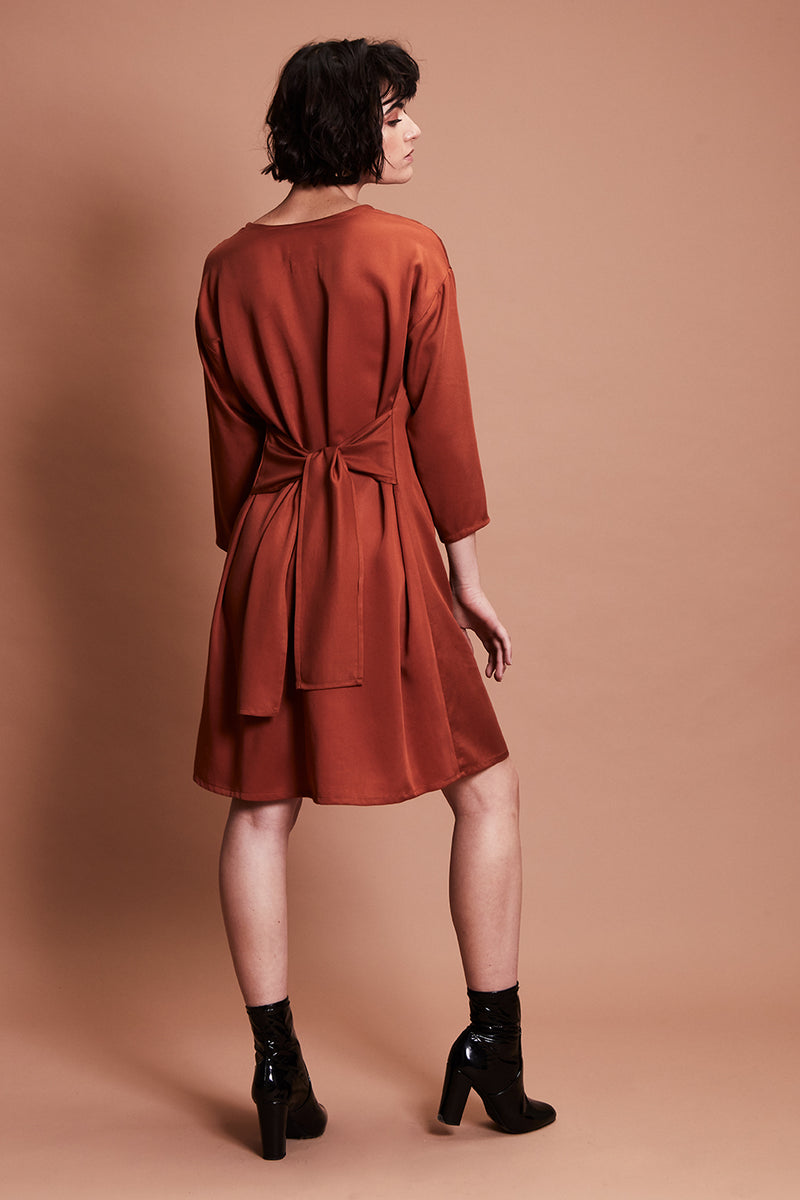 SAFFRON DRESS [ Rust Red, Long Sleeves, Waist Ties ] keegan