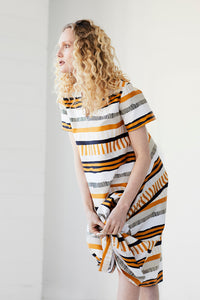 RADIATE DRESS ~ REVERSIBLE & CONVERTIBLE  [ Yellow / Orange Striped Patterned Cotton, Wrap Ties ]