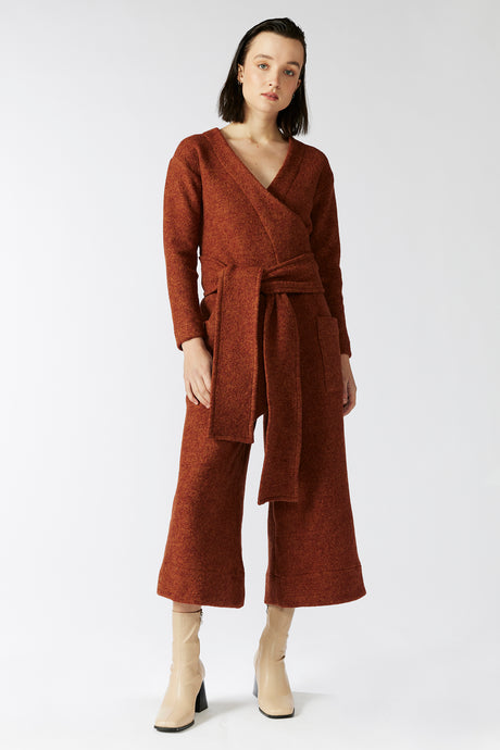 SIENNA WRAP JUMPSUIT [ Red - Orange 100% Wool, Long Sleeved ]