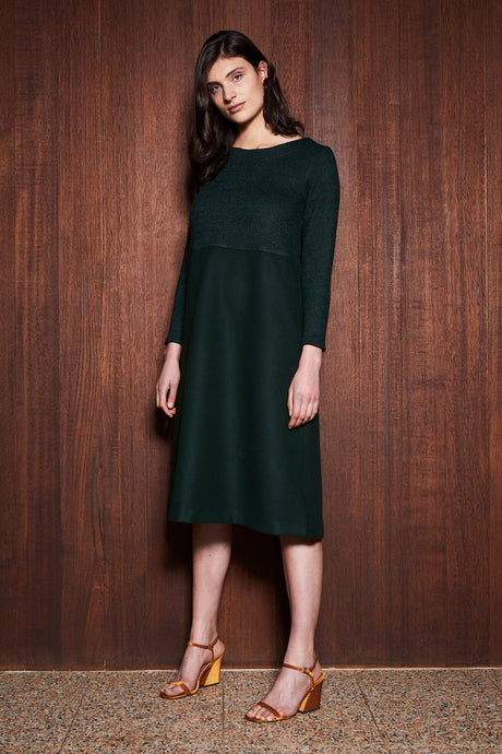 FERN DRESS [ Dark Green Wool Blend, Long Sleeves ]