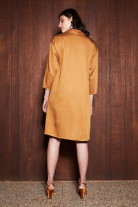LEAF LITTER DRESS [ Mustard Orange Tencel, Long Sleeves, Roll Neck ]