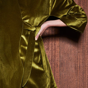 MOSS COAT [ Green Chartreuse Velvet, Wrap Waist Ties ]
