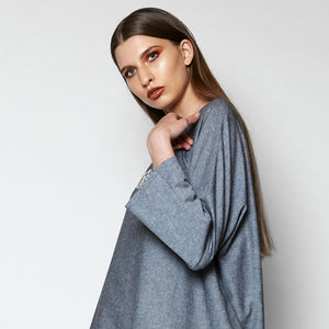 FULL MOON DRESS [ Grey Cotton, Long Sleeves, Bubble Hem ]