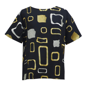 HEAVY METAL TOP [ Gold, Silver Patterned Embroidery On Black Cotton ]