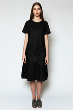SHADOW DRESS [ Black Linen / Cotton, Short Sleeved, Wrap With Button ]